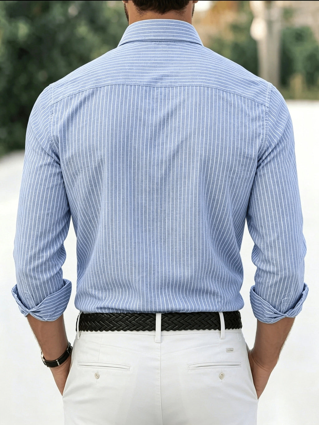 Classic Men's Striped Oxford Shirt with Chest Pocket, Button- Collar, Versatile Long-Sleeve Top for Daily Commute - Blue Stripes