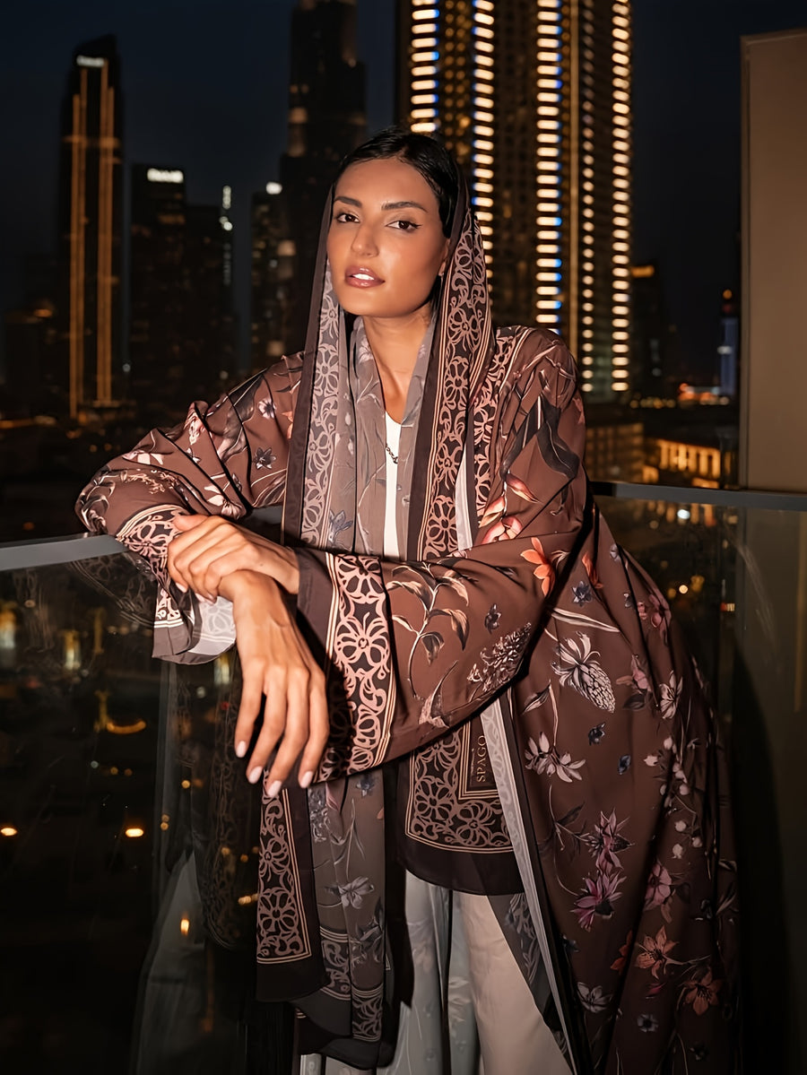 2pcs Set (Khimar And Abaya) Printed Muslim Prayer Outfit, Printed Long Cardigan Abaya And Matching Printed Headscarf Hijabs, Casual Outing Essential Fashion Item Prayer Jilbab, Women'S Abaya Robe - Coffee Brown