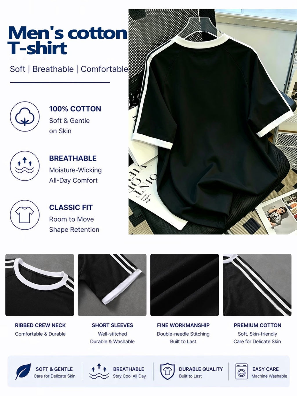 Warner Exclusive, DC Superman Logo Print American Street Style Color-Block Striped T-Shirt, Men's Casual Short Sleeve, Suitable for Trendy Shopping, Daily Commuting, Street Check-Ins, and Light Sportswear - Black