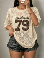 Trendy Spring/Summer Casual Street Sweatshirt, Sexy Preppy Style Round Neck Loose Number Print Lace Style Women'S T-Shirt - Khaki