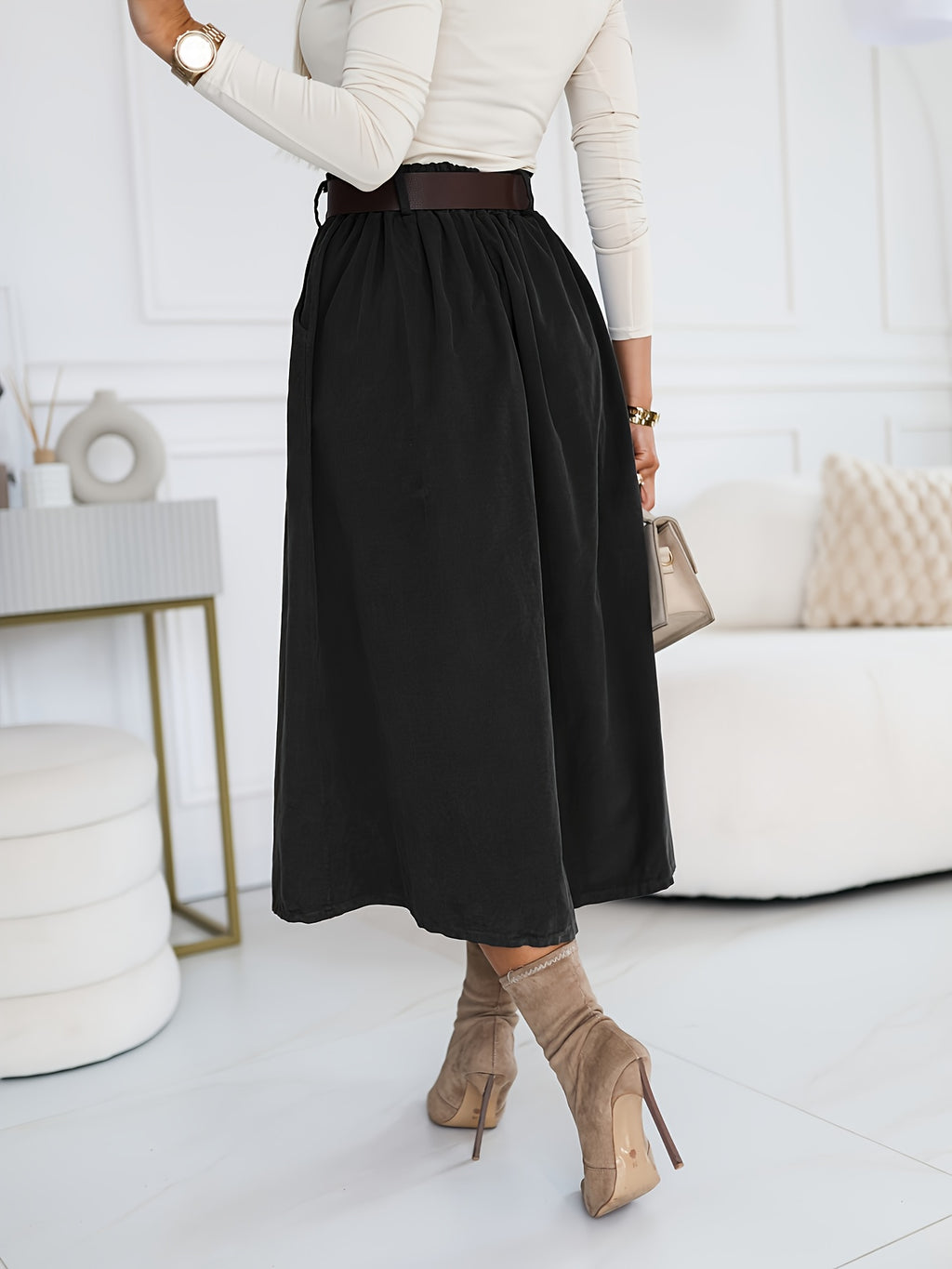 YY0824062 + Lingshan Directional + Women'S Spring And Autumn Elegant Retro A-Line High Waist Oblique Pocket Pleated Skirt, Elastic Waist, Commuting Versatile Mid-Length Umbrella Skirt - Black