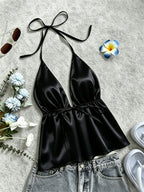 1pc Solid Color Spring Summer Beach Vacation Casual Satin Ruffled Cami Top - Black