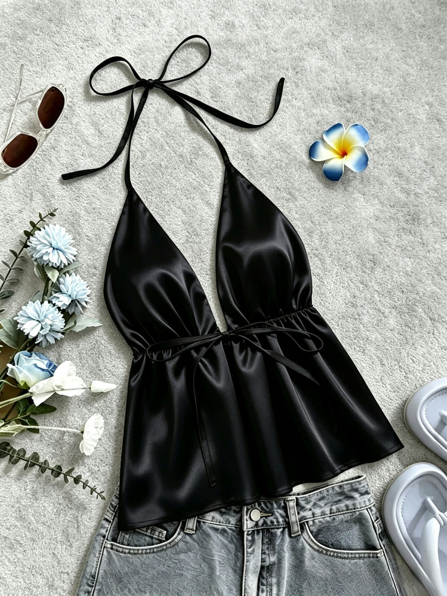1pc Solid Color Spring Summer Beach Vacation Casual Satin Ruffled Cami Top - Black