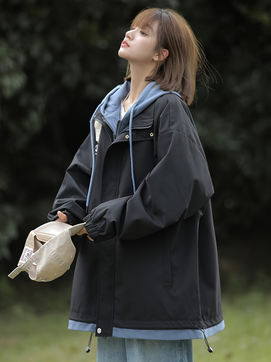 American Style Coat Women'S Trench Hooded Faux Two-Piece Windbreaker Design-Driven Color-Block Casual Loose Jacket - Black Color+Blue