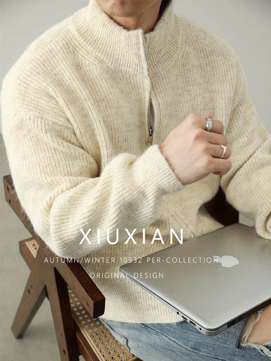 Men'S Plus Size Chunky Knit Cardigan, Full-Zip Stand Collar Sweater Coat, Solid Color Loose Warm Velvet Jacket for Autumn/Winter, Thick - Off-white