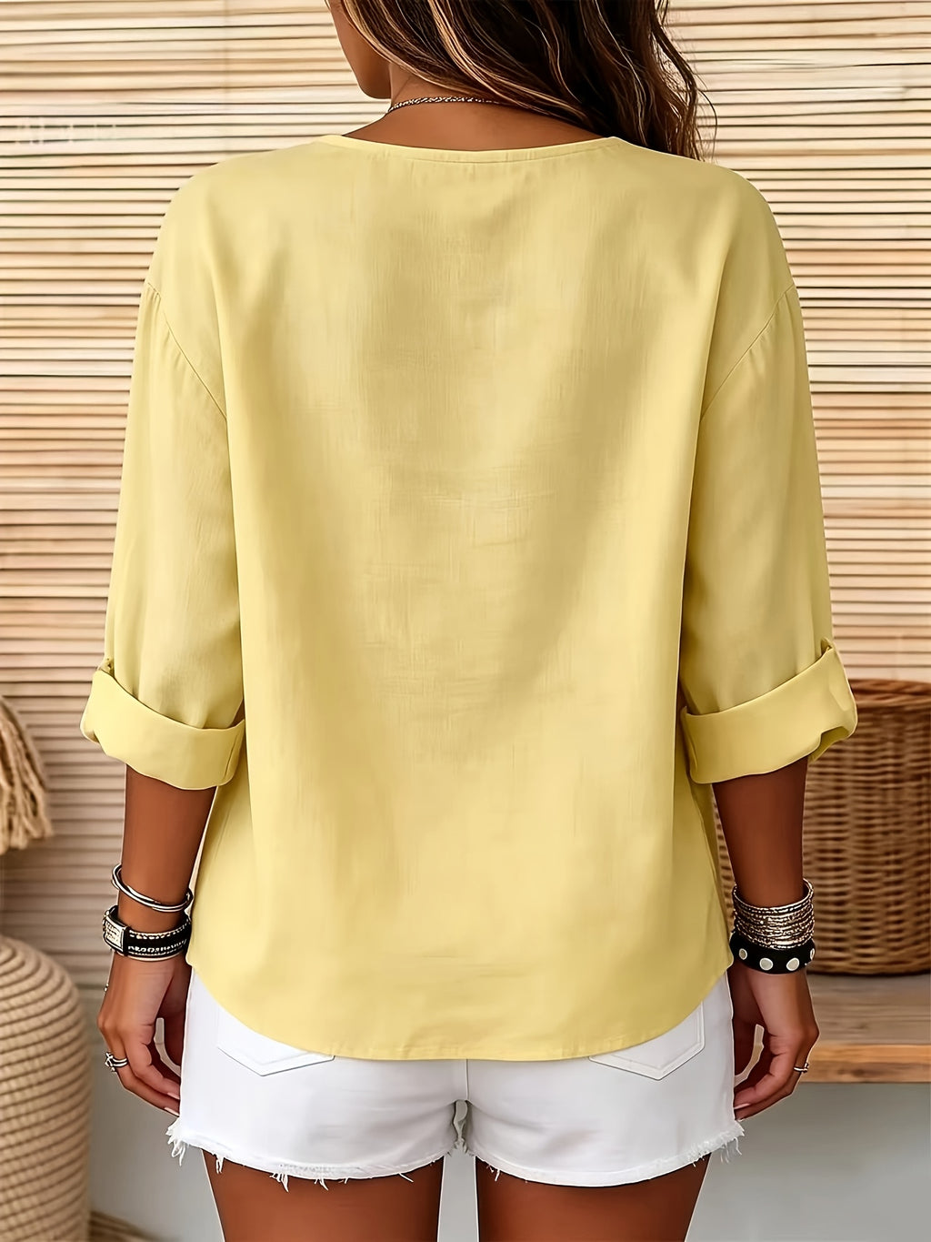 Solid Color Shirt, Round Neck Button-Up, Loose Fit, Casual Wear, Spring Summer Women'S Shirt - Yellow