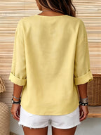 Solid Color Shirt, Round Neck Button-Up, Loose Fit, Casual Wear, Spring Summer Women'S Shirt - Yellow