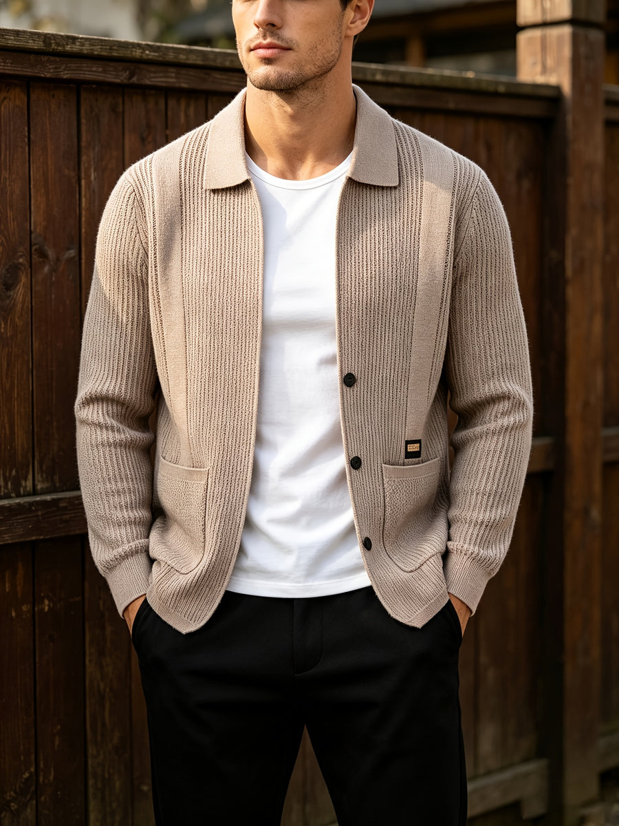 Men's Lightly Mature Business Casual Lapel Knit Cardigan, Vertical Stripe Textured Breathable Wrinkle-Resistant Knit Outerwear, Comfortable, Soft, and Skin-Friendly, with Simple Single-Breasted Design and Dual Pockets, Structured Fit for a Slimming - Camel