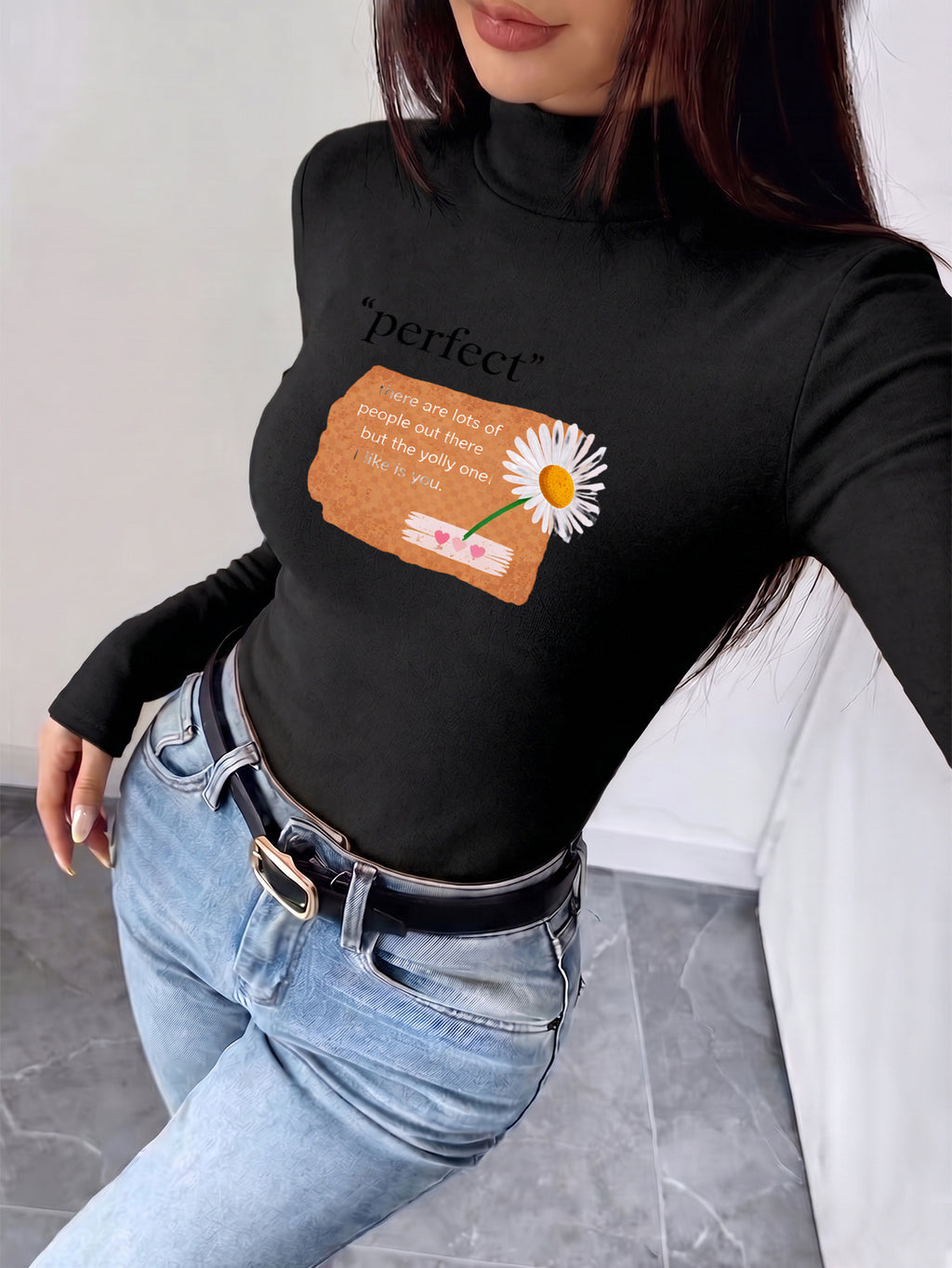 Women'S Autumn Winter New Style Semi-High Neck Fitted Top, Can Be Worn Inside Or Outside, Stretch Fabric, Soft And Skin-Friendly Warm, Easy Waist-Cinching Cut, Casual All-Match "Perfect Floral Design with Colorful Flowers And Inspirational Quote 7.62cm - Black