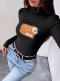 Women'S Autumn Winter New Style Semi-High Neck Fitted Top, Can Be Worn Inside Or Outside, Stretch Fabric, Soft And Skin-Friendly Warm, Easy Waist-Cinching Cut, Casual All-Match "Perfect Floral Design with Colorful Flowers And Inspirational Quote 7.62cm - Black