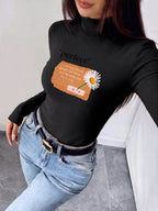 Women'S Autumn Winter New Style Semi-High Neck Fitted Top, Can Be Worn Inside Or Outside, Stretch Fabric, Soft And Skin-Friendly Warm, Easy Waist-Cinching Cut, Casual All-Match "Perfect Floral Design with Colorful Flowers And Inspirational Quote 7.62cm - Black