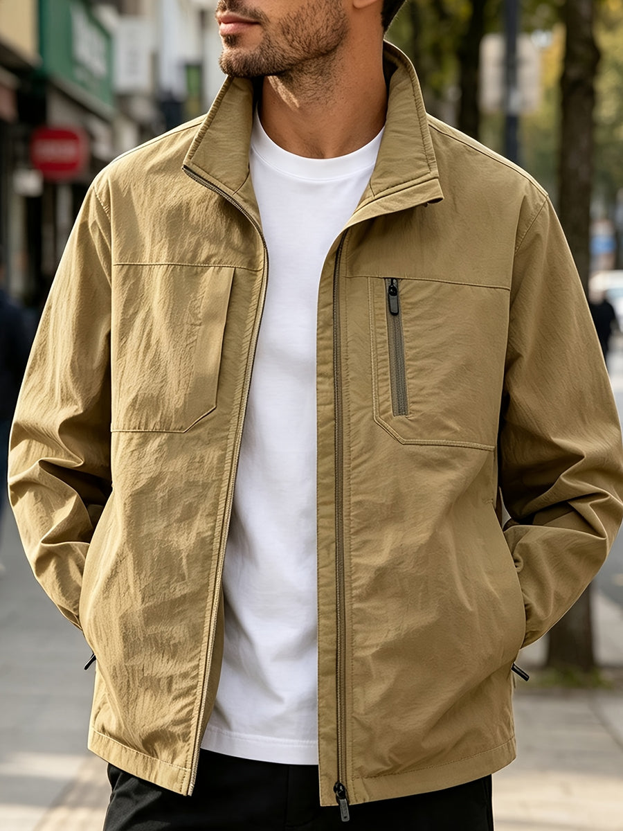 DIFFELEMENT Men'S Stand-Collar Tech Cargo Jacket, Lightweight Breathable Woven Fabric Windproof High Collar Full Zipper Front with Large Pockets And Dual Storage Design, Regular Fit for City Commute, Outdoor Hiking, Daily Layering, Casual Scenarios - Khaki