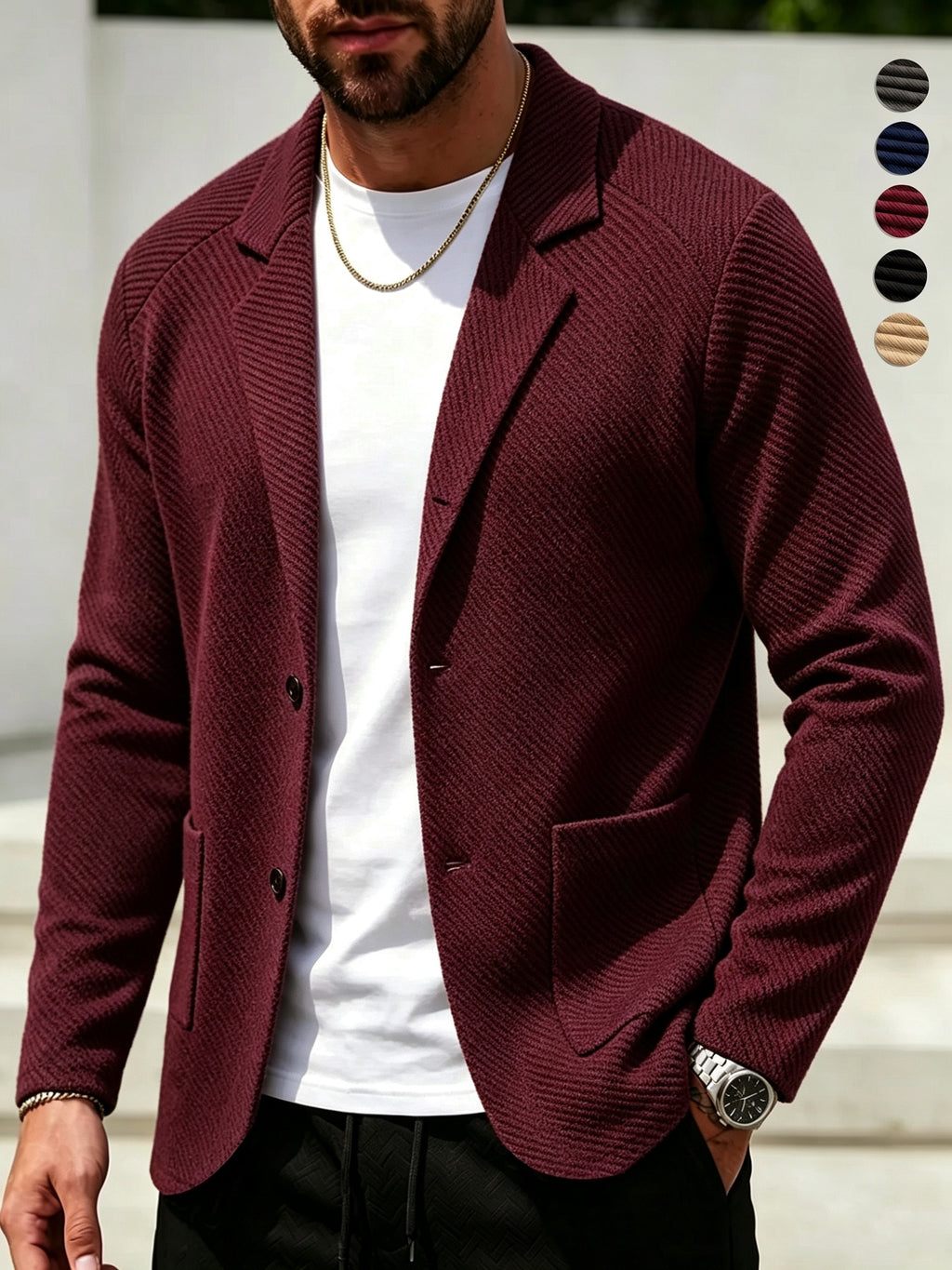 Men'S Spring Autumn New Pinstripe Textured Fabric Blazer Collar Cardigan Single Button Double Pocket Business Casual All-Match Long Sleeve Jacket, Knit Soft Comfortable Fashion Solid Color Outerwear Suitable for Daily Outings, Dates, Holidays - Burgundy