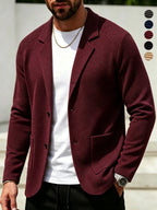 Men'S Spring Autumn New Pinstripe Textured Fabric Blazer Collar Cardigan Single Button Double Pocket Business Casual All-Match Long Sleeve Jacket, Knit Soft Comfortable Fashion Solid Color Outerwear Suitable for Daily Outings, Dates, Holidays - Burgundy
