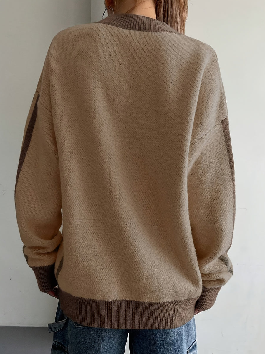 Women's Designer Academic Style V-Neck Vintage Streetwear Sweatshirt with American Lettering and Color Blocking - Coffee Color