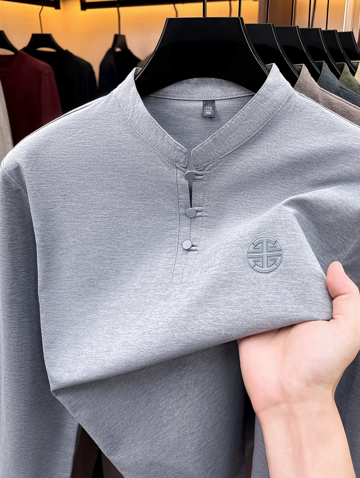 Men's Long-Sleeve T-Shirt with Chinese-Style Stand-Up Collar and Three Buttons, Spring/Autumn Fit Style Casual Base Layer Top - Light Grey