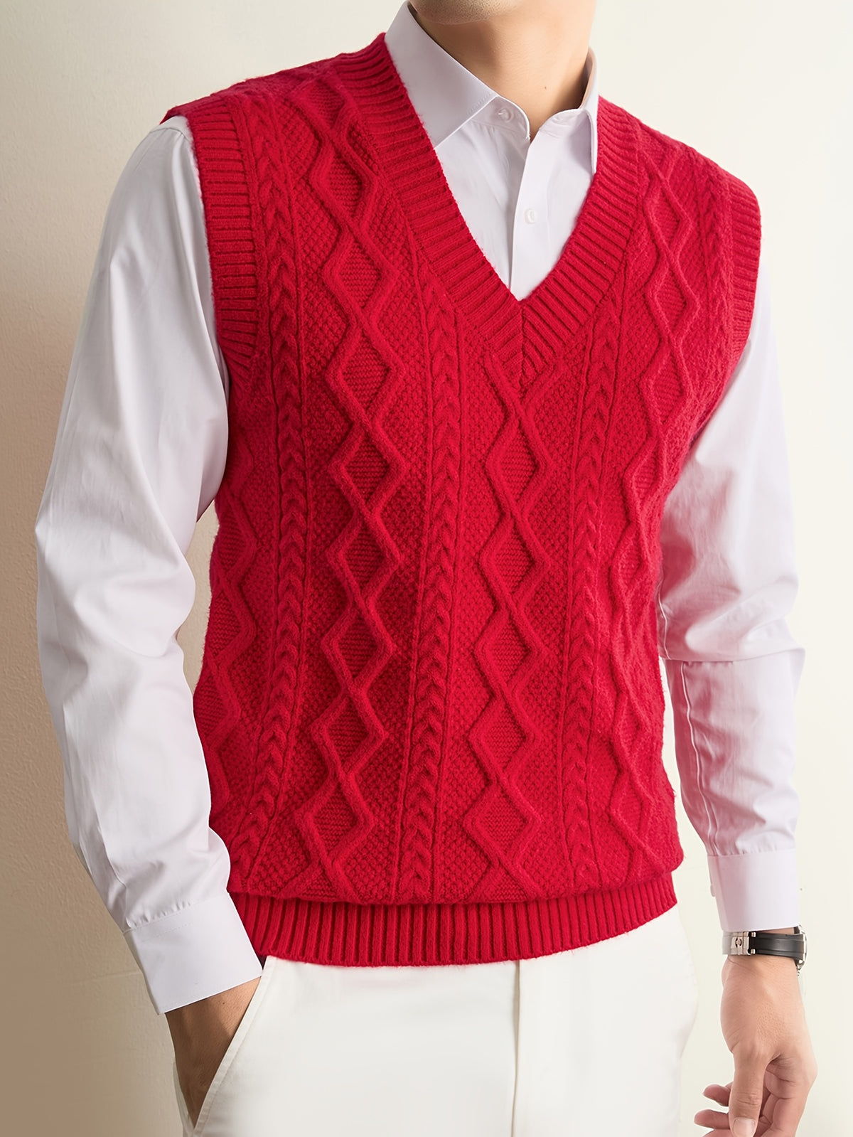 Men's V-neck Simple and Stylish Knitted Autumn/Winter Pullover Sleeveless Sweater Vest (Single Piece) - Bright Red