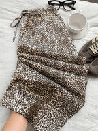 Retro Fashion Leopard Print Wide-leg Pants, Elastic Waistband, Suitable for Vacation, Shopping, Dates, Parties, Daily Casual Wear, All-season Style, Versatile Style. - Light Beige