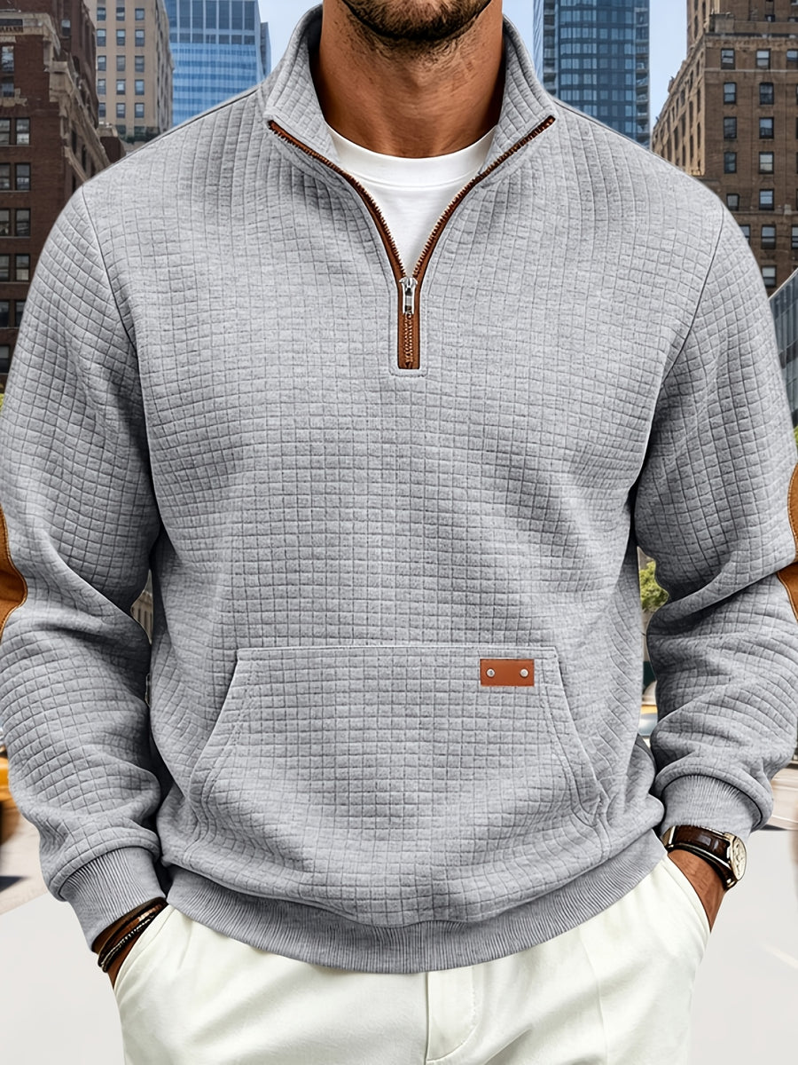 Men's Waffle Knit Casual Loose-Fit Long Sleeve Color-Block Stand Collar Half-Zip Autumn/Winter Sweatshirt - Light Grey
