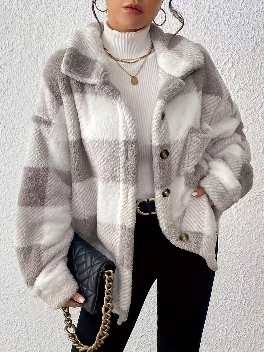 [Autumn/Winter Buffalo Plaid Print Teddy Bear Jacket, Side Pockets, Lapel, Button-Up Women's Elegant Faux Coat] - Mixed colors