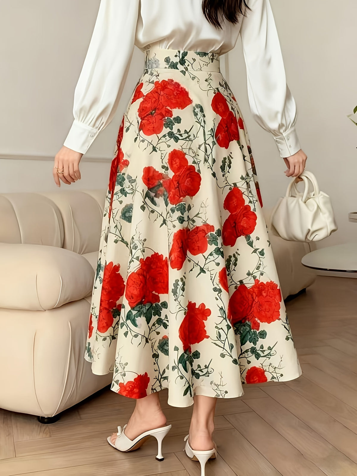 Women's A-Line Skirt with Fashionable Print LL256 - Red