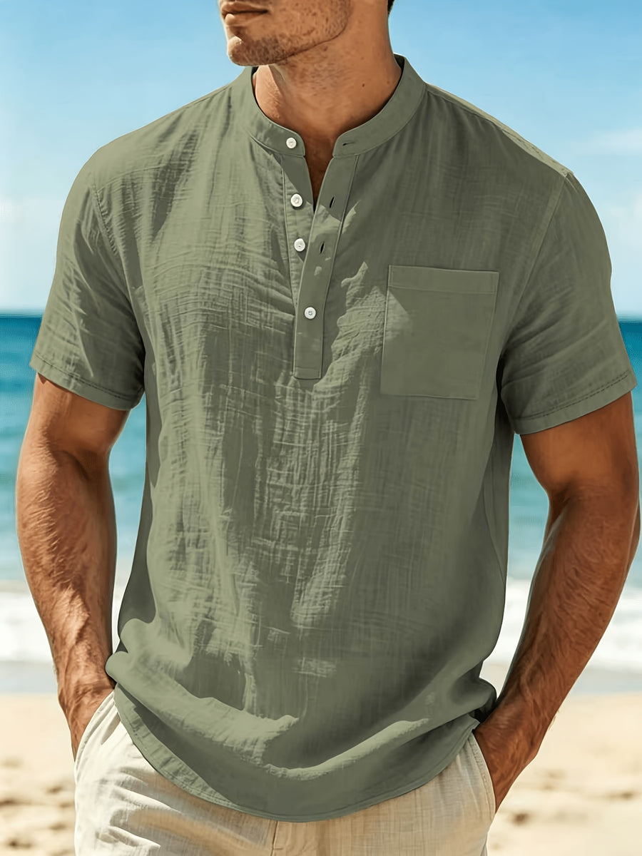 Men'S Summer Henley Collar Short Sleeve T-Shirt, Stand-Up Collar Casual Top, Breathable Linen, for Pool Parties, Beach Vacations, Ideal Choice for Beachwear Gifts - Green