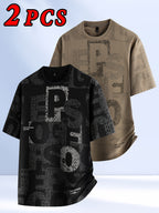 2pcs Men's Short Sleeve T-Shirts, Summer Fashion All-Over Print Short Sleeve Tees, Loose Fit Letter Print Stretch Short Sleeve Sport Tops, Youth Crew Neck Breathable Trendy T-Shirts, Suitable for Daily Wear, College, Street, and Sporty Outfits - 2 pieces - Gray Apricot + Black