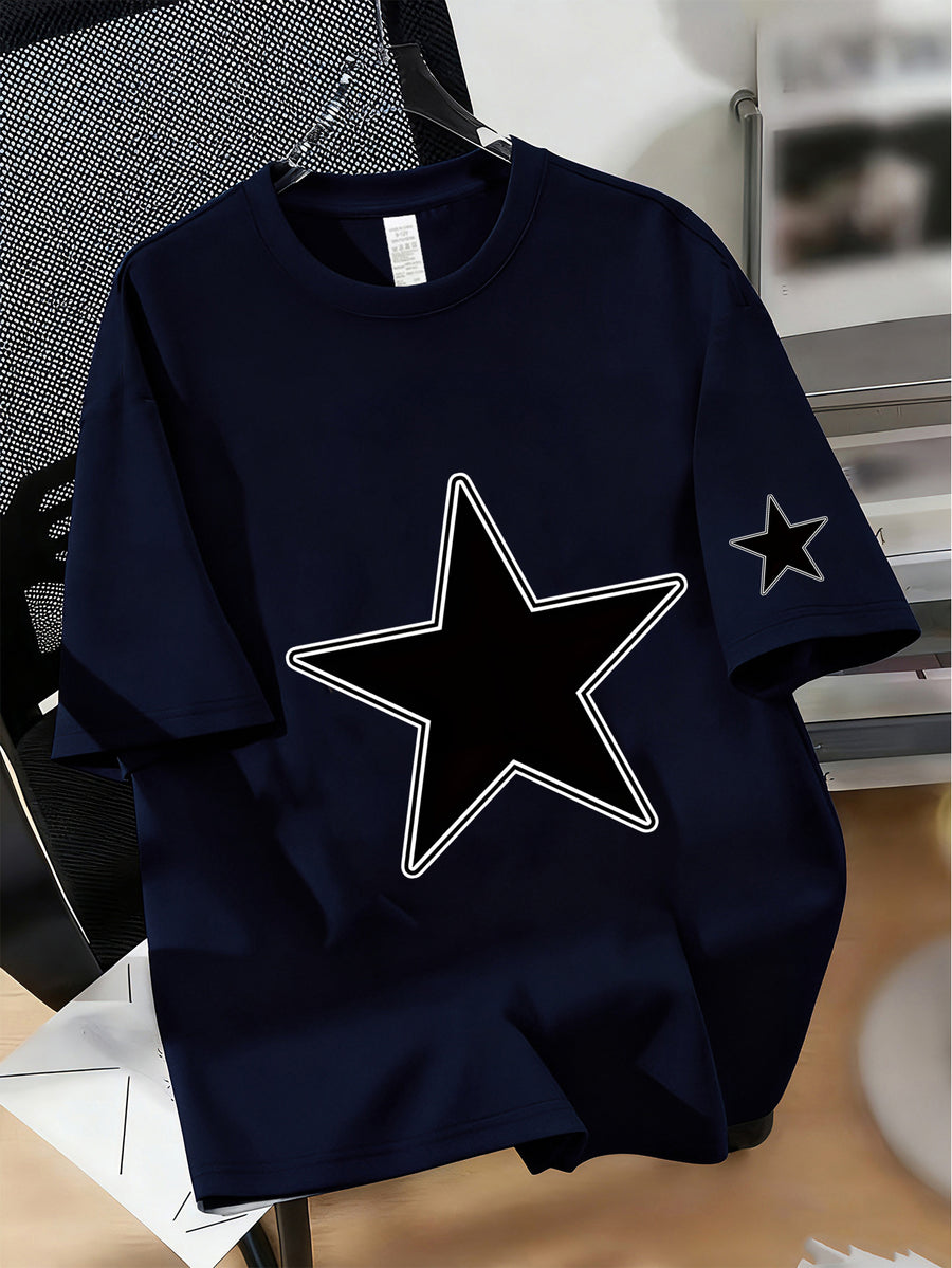 Men's 2026 New Arrival Short Sleeve T-Shirt - Soft Breathable Regular Fit Round Neck Tee with Five-Pointed Star Print, Suitable for Casual Attire, Outdoor Activities & Gym, Casual Athletic Shirt for All Seasons, Machine Washable for Males - Navy Color