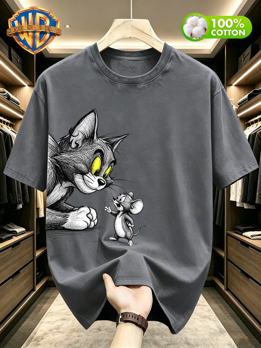 Warner Bros Official Summer New Arrival 100% T-Shirt, Casual and Stylish Men's Short Sleeve Tee with Scrawled Line Art Cartoon Print, Soft and Comfortable Men's T-Shirt, Machine Washable Men's Top, Suitable for Home Leisure, Campus, Daily Commuting - Dark Gray