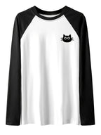 Women'S Casual Black And White Bi-Color Long Sleeve T-Shirt, with Cute Cat Print, Round Neck, Fabric, Animal Pattern, Regular Length for Spring And Autumn - Black And White Color