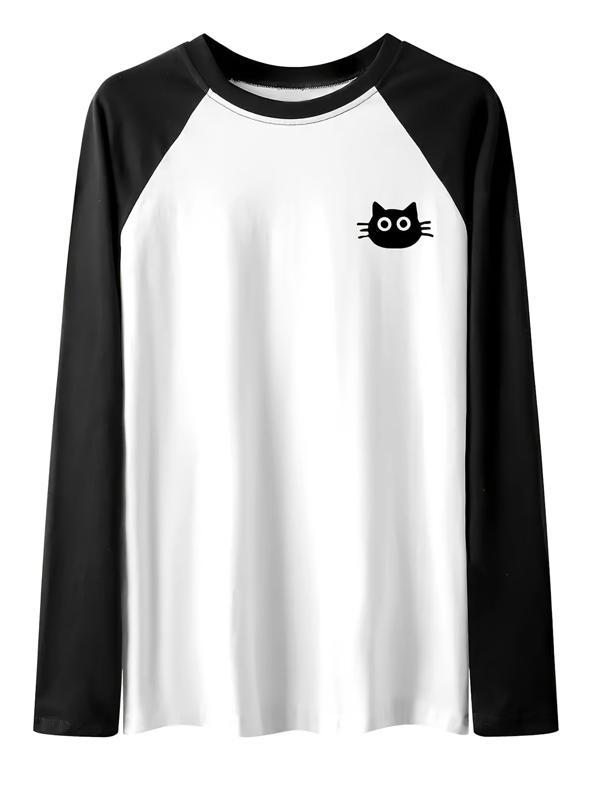 Women'S Casual Black And White Bi-Color Long Sleeve T-Shirt, with Cute Cat Print, Round Neck, Fabric, Animal Pattern, Regular Length for Spring And Autumn - Black And White Color