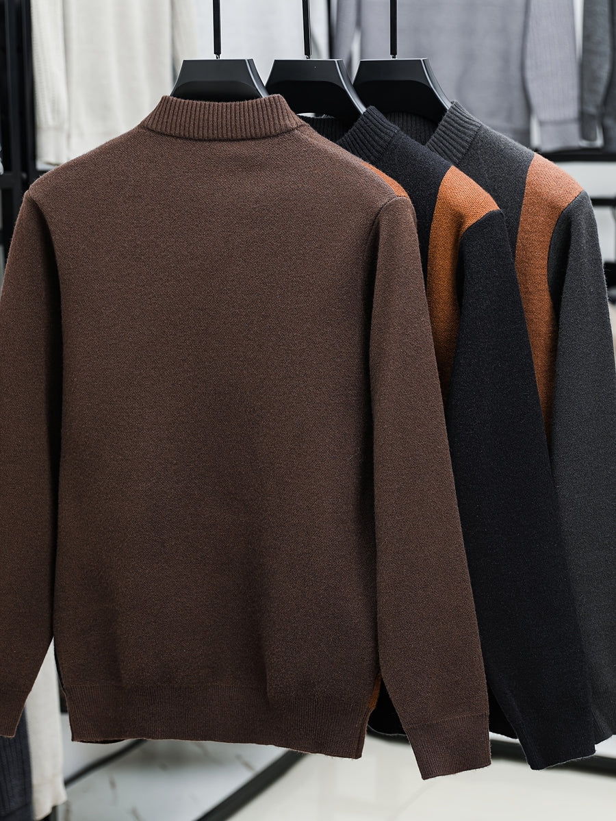 Minimalist Urban Half-Zip Sweater - High Neck Zippered Cardigan with Striped Suitable for Daily Commuting, Fall Winter Warmth, Casual Office Wear, Hand Washable Layering Piece for -Casual Outfits - Coffee