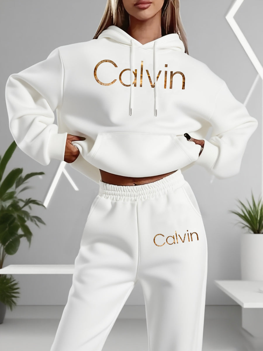 Graphic Print Two-Piece Set, Crew Neck Sweatshirt And Pants, Women'S Clothing - White