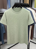 Men'S Round Neck Vertical Ribbed Knit T-Shirt, Summer Breathable Commuter Business Style, Casual Versatile Short Sleeve Top, Basic Round Neck Design, Neat Stitching, Contouring Neckline, Unrestrictive for Daily Activities - Green