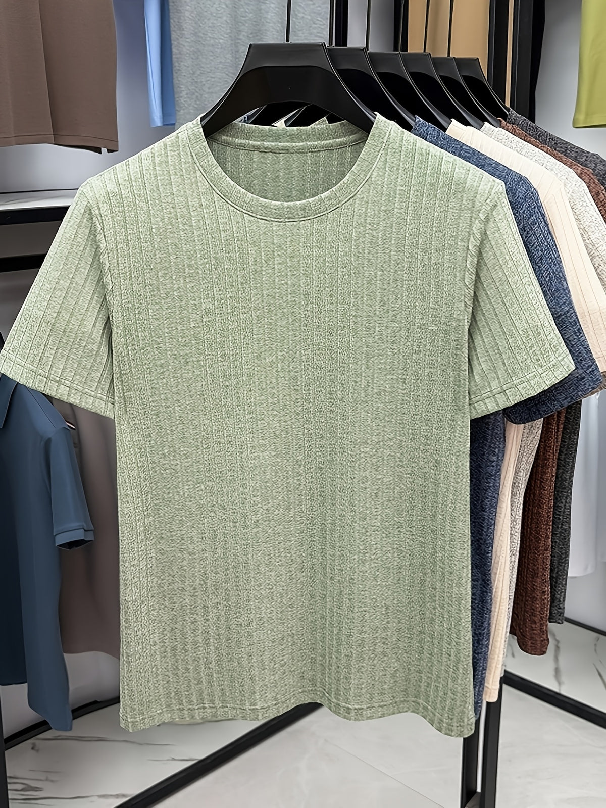 Men'S Round Neck Vertical Ribbed Knit T-Shirt, Summer Breathable Commuter Business Style, Casual Versatile Short Sleeve Top, Basic Round Neck Design, Neat Stitching, Contouring Neckline, Unrestrictive for Daily Activities - Green