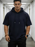 Solid Color Men's Hoodie T-Shirt, Novelty Casual Short-Sleeve Hooded Tee, Loose Fit Hooded Short-Sleeve Top, Versatile Men's Casual Knitwear, Summer Outdoor Casual Short-Sleeve Black, Vintage Fashion Trendy Apparel, Spring-Summer Vacation Outdoor - Navy Color