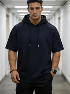 Solid Color Men's Hoodie T-Shirt, Novelty Casual Short-Sleeve Hooded Tee, Loose Fit Hooded Short-Sleeve Top, Versatile Men's Casual Knitwear, Summer Outdoor Casual Short-Sleeve Black, Vintage Fashion Trendy Apparel, Spring-Summer Vacation Outdoor - Navy Color