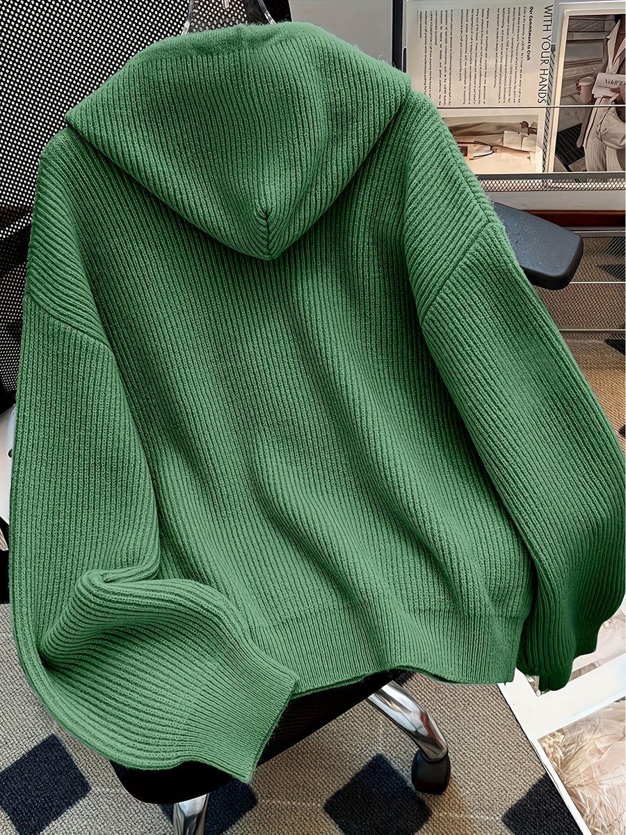 Autumn And Winter Hooded Cardigan, Solid Color Casual Easy Button-Up Sweater, Soft And Comfortable Elegant Women'S Clothing - Ocean Green