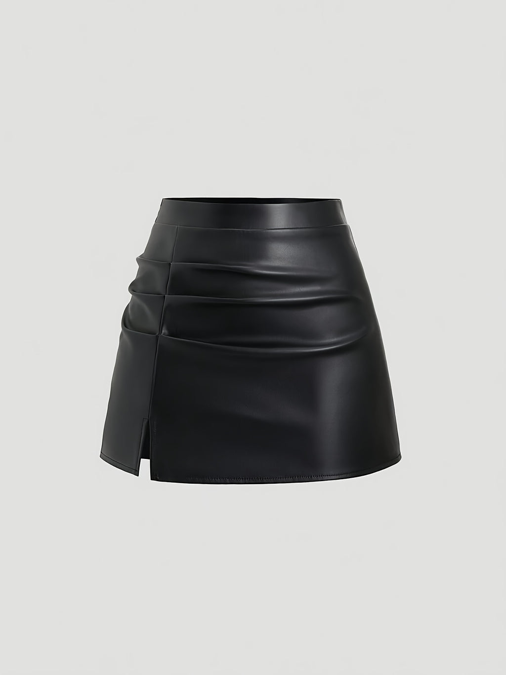 Elegant Vintage High-Waisted Pleated Brazilian PU Side Slit Flared A-Line Mini Skirt for Women, Y2K Clothing - Black