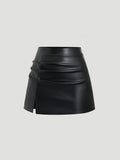 Elegant Vintage High-Waisted Pleated Brazilian PU Side Slit Flared A-Line Mini Skirt for Women, Y2K Clothing - Black