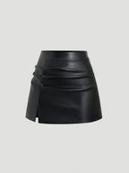 Elegant Vintage High-Waisted Pleated Brazilian PU Side Slit Flared A-Line Mini Skirt for Women, Y2K Clothing - Black