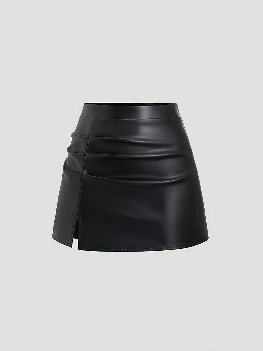 Elegant Vintage High-Waisted Pleated Brazilian PU Side Slit Flared A-Line Mini Skirt for Women, Y2K Clothing - Black