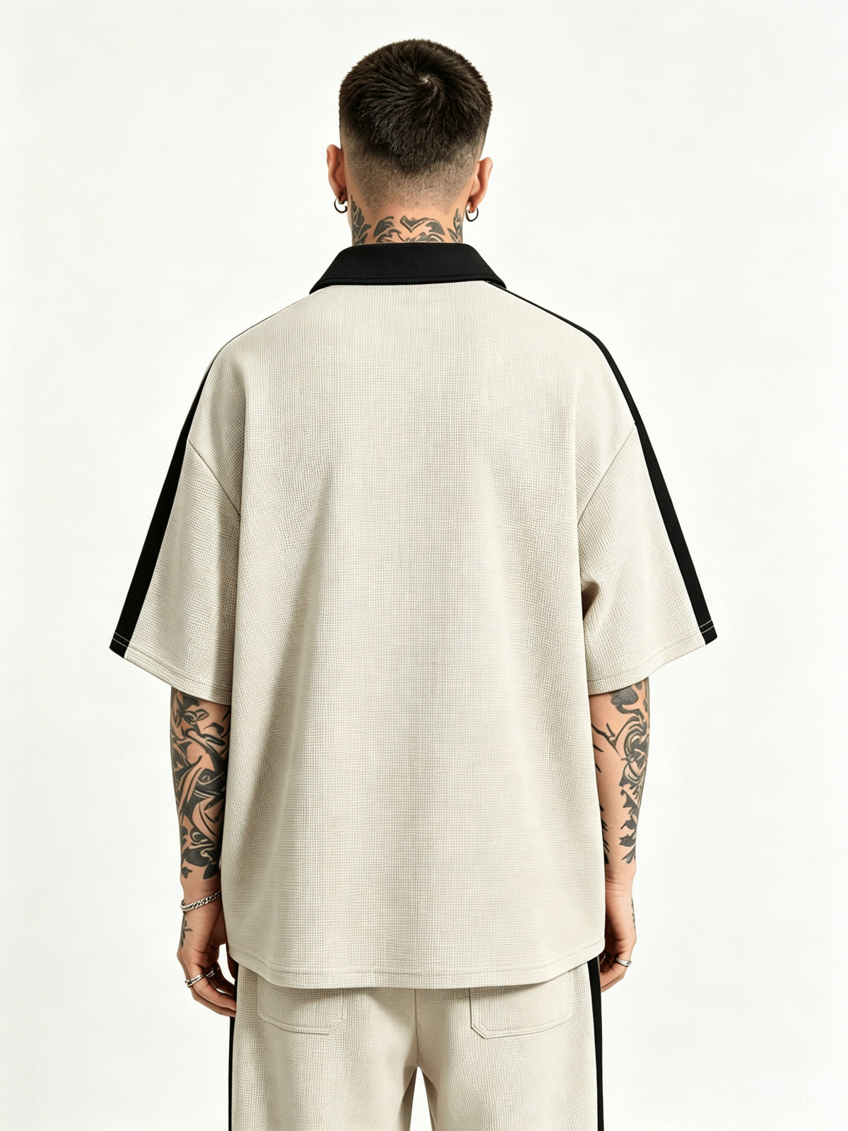 Trendy Casual Half-Zipper Contrast Polo Shirt Men'S Hip-Hop Style Waffle Short Sleeve Top Modern Urban Street Style Hip-Hop Casual Half-Zipper Short Sleeve Top American Street Style Contrast Short Sleeve - Apricot