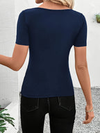 Women's Summer Shell Trim T-Shirt V-Neck Short Sleeve Fitted Sexy Top - Navy Color
