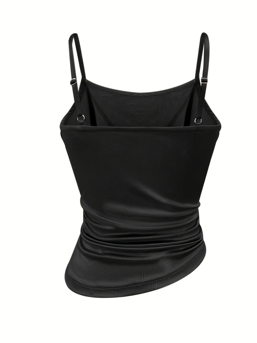 [Development WY260120078] Women's Satin Irregular Hem Side Gathers Daily Fashion Commuting Vacation Camisole Top - Black