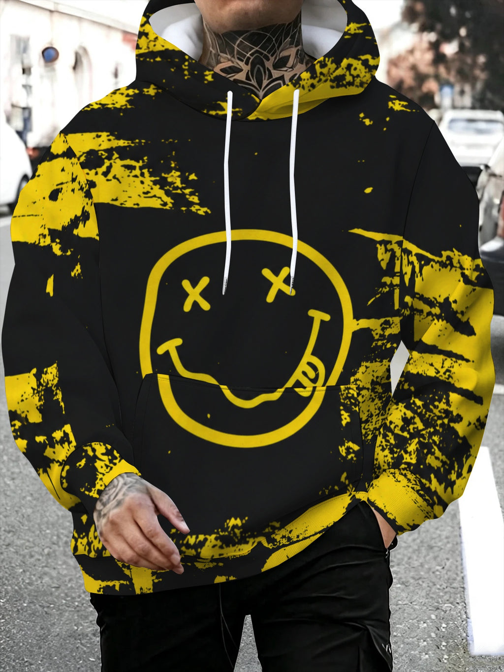 Men'S Printed Hoodie, Vintage Distressed Smiley Face Pattern Streetwear, Loose Fit Casual Pullover Hooded Sweatshirt, Comfortable Daily Wear, Trendy Brand Versatile Outerwear for Spring And Autumn - Mixed colors