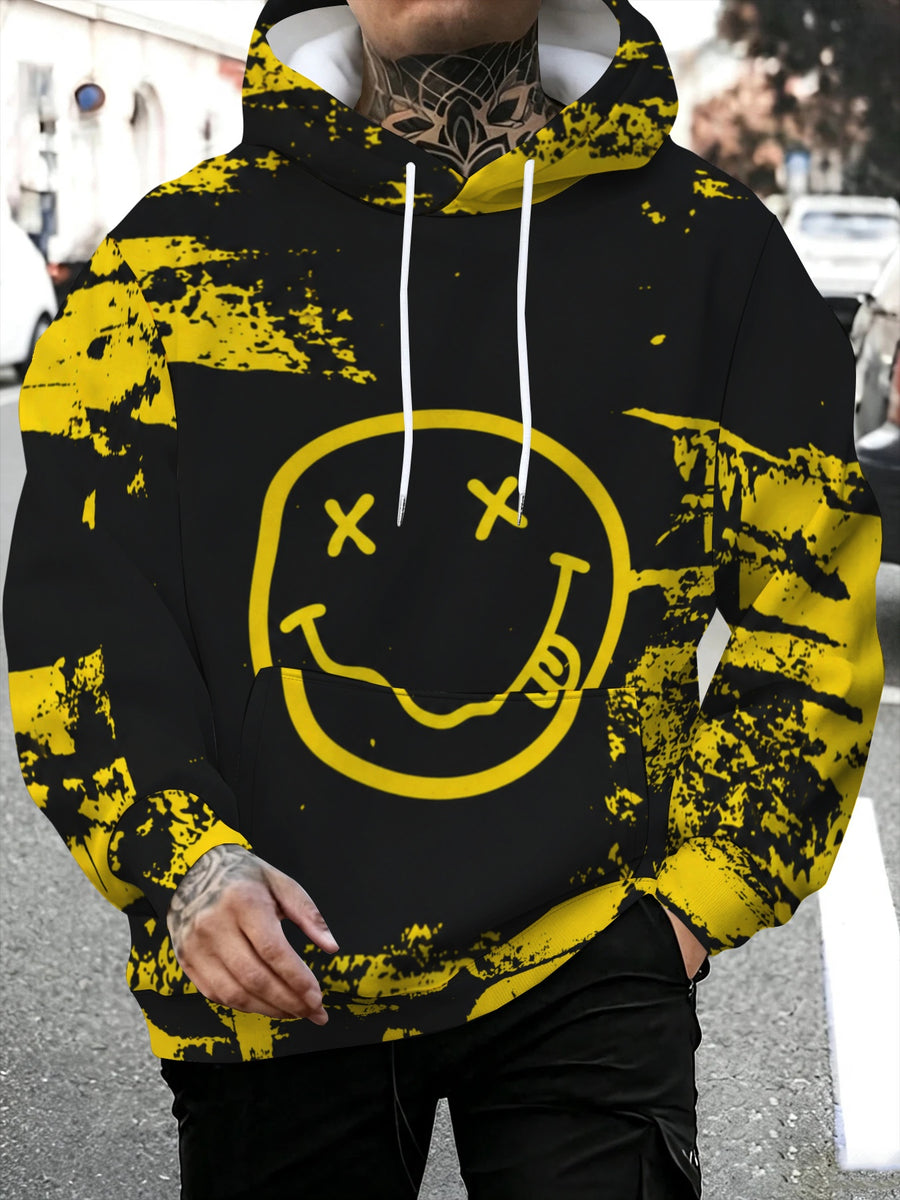Men'S Printed Hoodie, Vintage Distressed Smiley Face Pattern Streetwear, Loose Fit Casual Pullover Hooded Sweatshirt, Comfortable Daily Wear, Trendy Brand Versatile Outerwear for Spring And Autumn - Mixed colors