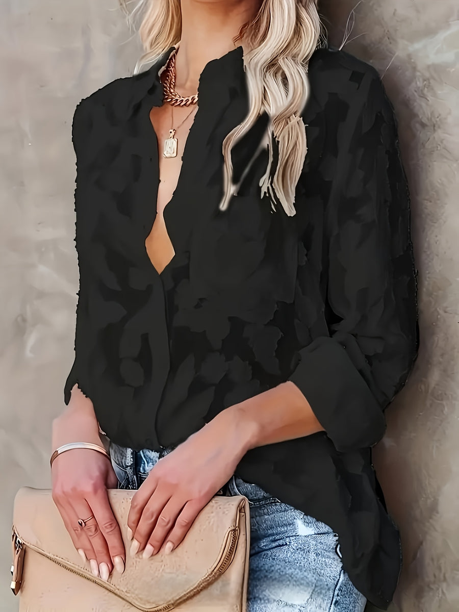 Elegant Women's Blouse, Long-sleeve Jacquard Top, 100% Polyester Solid Color, Button Details, Fabric, Suitable for Spring, Summer, and Autumn - Black