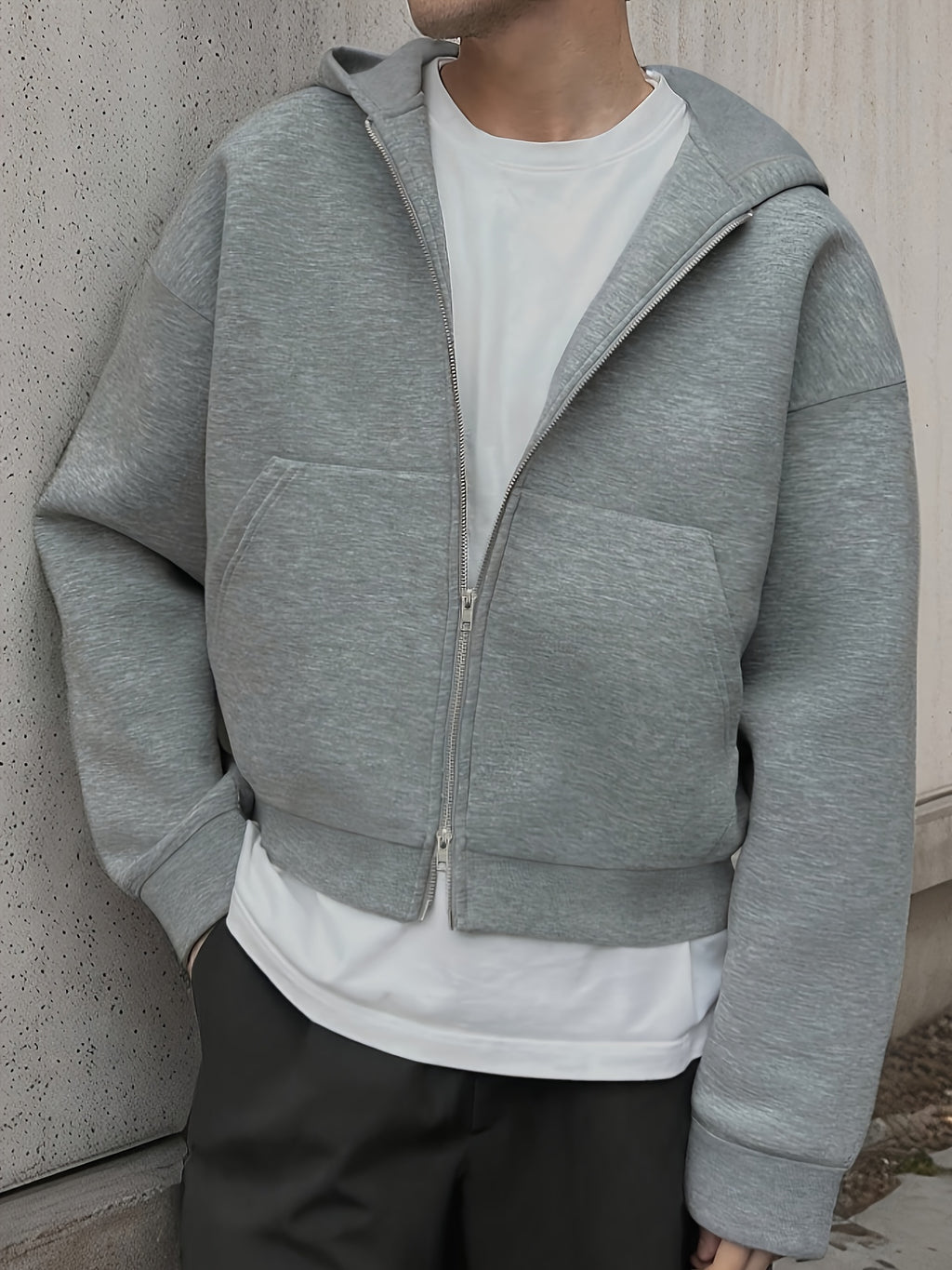 Men'S Casual Easy Solid Color Drop Shoulder Loose Zip-Up Hooded Sweatshirt, Versatile for Spring/Autumn - Light Grey