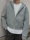 Men'S Casual Easy Solid Color Drop Shoulder Loose Zip-Up Hooded Sweatshirt, Versatile for Spring/Autumn - Light Grey